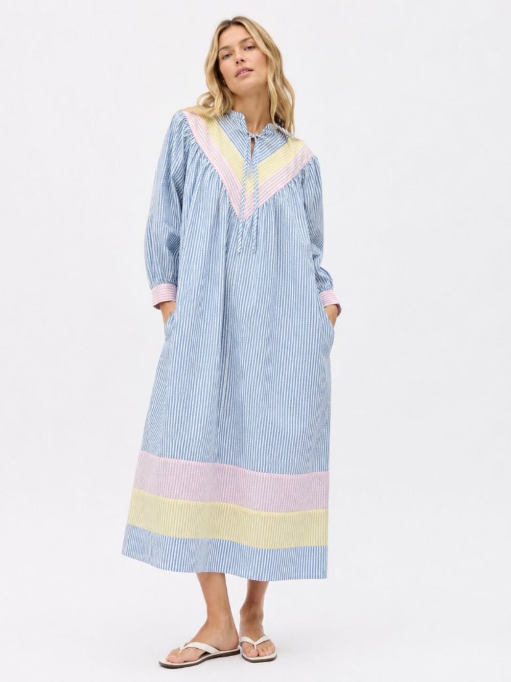 Vintage 70s SAYBURY Pastel Cotton Seersucker Long Sleeve Maxi House Dress Large